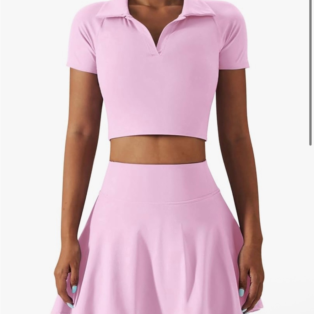 Pink Cropped Polo Top and Skirt Set